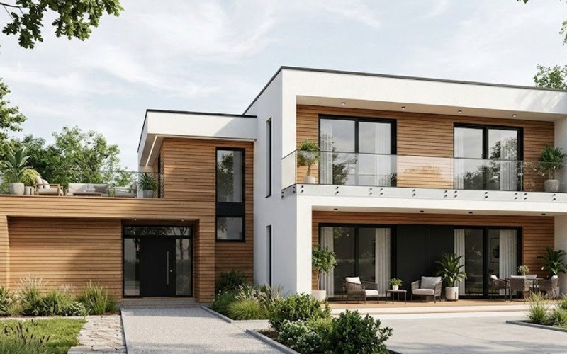 Contemporary Wooden Texture House Elevation